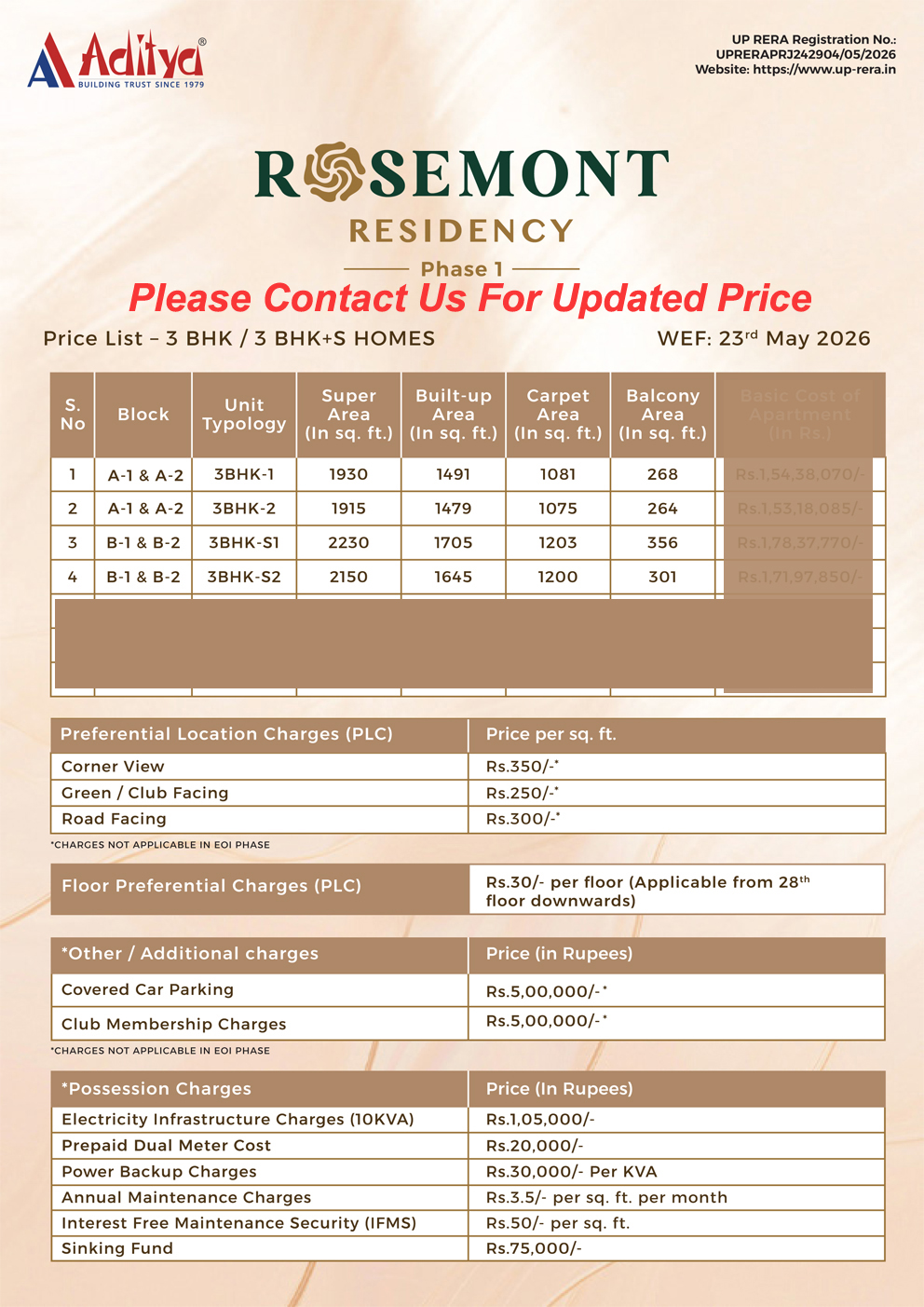 Aditya Rosemont Residency Price List